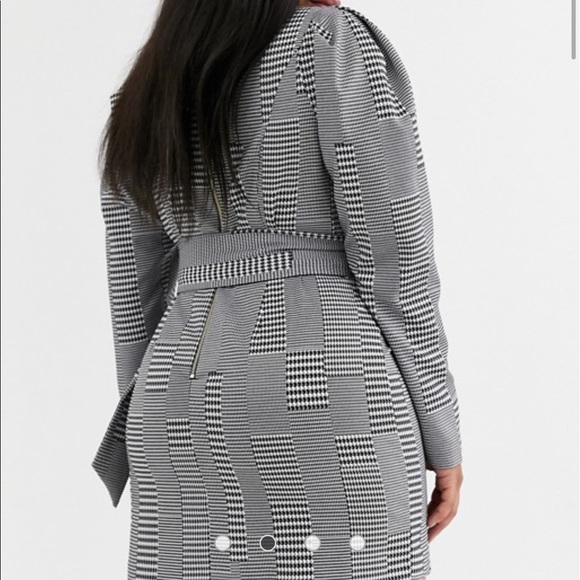 Belted Puff Sleeve Checker Dress - Picture 2 of 7